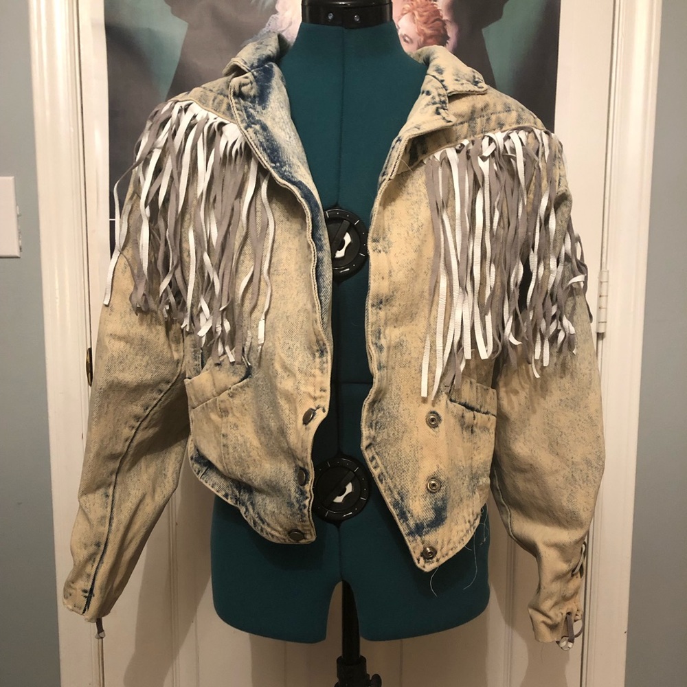 80s acid wash denim tassel jacket